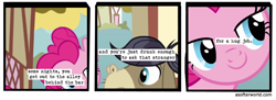 Size: 720x261 | Tagged: safe, edit, edited screencap, screencap, cranky doodle donkey, pinkie pie, donkey, earth pony, a friend in deed, a softer world, alleyway, comic, drunkie pie, female, lidded eyes, looking at each other, male, mare, screencap comic, smiling, text