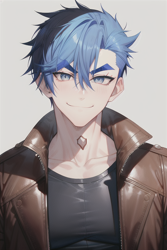 Size: 512x768 | Tagged: safe, derpibooru import, editor:sammykun, generator:stable diffusion, machine learning generated, flash sentry, human, equestria girls, bust, clothes, half body, handsome, humanized, jacket, leather, leather jacket, looking at you, male, portrait, serious, shirt, smiling, solo, solo male, thick eyebrows