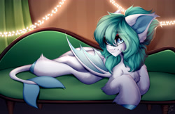 Size: 4500x2951 | Tagged: safe, artist:shinoshai, derpibooru import, oc, oc only, oc:spicy mint, bat pony, original species, shark, shark pony, female, sofa, solo, string lights