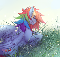 Size: 2653x2488 | Tagged: safe, artist:1an1, derpibooru import, rainbow dash, pegasus, pony, backwards cutie mark, crying, cutie mark, emotional, emotions, eyes closed, female, grass, high res, lying down, mixed emotions, mixed expressions, prone, smiling, solo, tears of joy, updated image