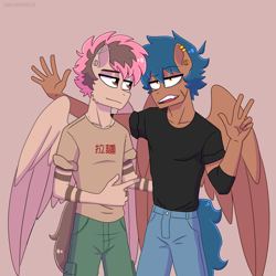 Size: 2048x2048 | Tagged: safe, artist:shallowwin, derpibooru import, oc, oc:shallow win, anthro, human, anthro oc, clothes, ear piercing, folded wings, gay, humanized, male, piercing, ponysona, scar, stallion, wings