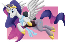 Size: 1063x752 | Tagged: safe, artist:demosense, derpibooru import, rarity, alicorn, alicornified, anatomically incorrect, breasts, clothes, crown, female, flying, jetpack, jewelry, leggings, leotard, misplaced boobs, princess rarity, race swap, raricorn, regalia, scarf, smiling, solo, spread wings, wings, wrong cutie mark