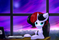 Size: 2500x1720 | Tagged: safe, derpibooru import, oc, oc only, unicorn, blue eyes, chair, computer, digital art, female, forest, horn, laptop computer, light, looking at you, office, office chair, office lady, sitting, sky, solo, stars, unicorn oc, window