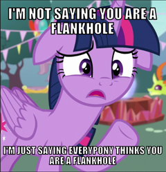 Size: 575x600 | Tagged: safe, derpibooru import, edit, edited screencap, editor:twi clown, screencap, thorax, twilight sparkle, twilight sparkle (alicorn), alicorn, pony, triple threat, behaving like a moth, bugs doing bug things, caption, female, image macro, mare, raised hoof, raised leg, solo, text, vulgar