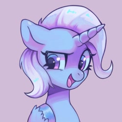 Size: 1600x1600 | Tagged: safe, artist:horseyuris, derpibooru import, trixie, pony, unicorn, bust, commission, cute, diatrixes, dreamworks face, female, hoof on chest, looking at you, mare, open mouth, open smile, pink background, simple background, smiling, smiling at you, solo, unshorn fetlocks