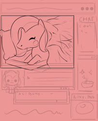 Size: 670x827 | Tagged: safe, artist:poxy_boxy, derpibooru import, fluttershy, pegasus, pony, blanket, blush sticker, blushing, cute, eyes closed, female, keyboard, mare, monochrome, red background, redscale, shyabetes, simple background, sketch, wip