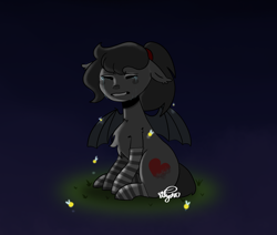 Size: 1558x1321 | Tagged: safe, artist:alyssa, derpibooru import, oc, oc only, oc:sonia star song, bat pony, firefly (insect), insect, pony, bat pony oc, bat wings, chest fluff, clothes, crying, cutie mark, depressed, ear fluff, ears, eyes closed, fangs, female, floppy ears, grass, mare, ponytail, sad, sitting, socks, solo, spread wings, striped socks, teary eyes, wings