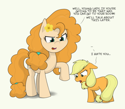 Size: 3145x2744 | Tagged: safe, artist:cyanrobo, derpibooru import, applejack, pear butter, earth pony, pony, angry, dialogue, duo, female, filly, filly applejack, flower, flower in hair, foal, high res, mare, mother and child, mother and daughter, parent and child, sad, simple background, teary eyes, white background, younger