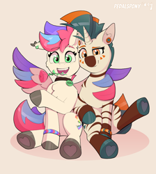 Size: 3400x3800 | Tagged: safe, artist:pedalspony, derpibooru import, oc, oc:pedals, oc:psi, hybrid, pegasus, pony, unicorn, zebra, zony, bracelet, coat markings, collar, colored hooves, cute, duo, ear piercing, facial markings, feather, female, flower, gauges, happy, hoof heart, hooves, hug, hybrid oc, jewelry, looking at you, male, mare, married, mouth hold, not zipp storm, open mouth, open smile, piercing, rose, screentone, simple background, smiling, smug, socks (coat marking), stallion, stripes, tail, tongue, tongue out, tongue piercing, underhoof, white background, wing hold, winghug, wings