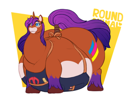 Size: 1398x1134 | Tagged: safe, artist:roundanimal, derpibooru import, oc, oc only, oc:toner press, pony, unicorn, abstract background, apron, belly, big belly, butt, clothes, coat markings, fat, flabby chest, horn, huge belly, huge butt, large butt, male, smiling, socks (coat marking), solo, unicorn oc, unshorn fetlocks, wide hips