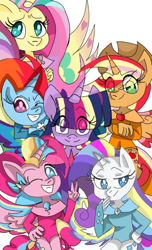 Size: 540x888 | Tagged: safe, artist:ahaganezu, derpibooru import, applejack, fluttershy, pinkie pie, rainbow dash, rarity, twilight sparkle, twilight sparkle (alicorn), alicorn, anthro, alicorn six, alicornified, applecorn, clothes, colored wings, crossed arms, fluttercorn, grin, hand on hip, happy, leotard, looking at you, mane six, one eye closed, pinkiecorn, race swap, rainbow power, rainbowcorn, raricorn, smiling, spread wings, wings, wink, winking at you, xk-class end-of-the-world scenario