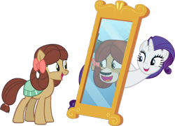 Size: 1053x759 | Tagged: safe, artist:pascalmulokozi2, derpibooru import, edit, edited screencap, screencap, rarity, yona, earth pony, pony, unicorn, yak, she's all yak, background removed, bow, duo, female, mare, mirror, not a vector, ponified, pony yona, reflection, simple background, species swap, transparent background