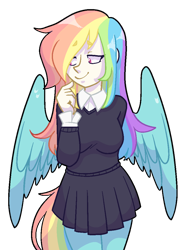 Size: 797x1070 | Tagged: safe, artist:/d/non, derpibooru import, oc, oc only, oc:prism, hybrid, satyr, clothes, looking away, multicolored hair, offspring, parent:rainbow dash, rainbow hair, school uniform, simple background, smiling, solo, transparent background, wings