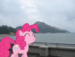Size: 1600x1200 | Tagged: safe, artist:jaredking779, artist:stjonal, derpibooru import, edit, pinkie pie, earth pony, pony, eyes closed, female, hong kong, irl, mare, photo, ponies in real life, smiling, solo, walking