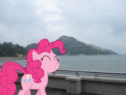 Size: 1600x1200 | Tagged: safe, artist:jaredking779, artist:stjonal, derpibooru import, edit, pinkie pie, earth pony, pony, adorkable, asia, china, cute, diapinkes, dork, east asia, eyes closed, female, hong kong, irl, mare, photo, ponies in real life, smiling, solo, walking