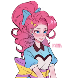 Size: 3508x3757 | Tagged: safe, artist:ikstina, derpibooru import, pinkie pie, human, equestria girls, blue eyes, blushing, clothes, colored sketch, cute, dress, ear piercing, earring, jewelry, partial color, piercing, server pinkie pie, simple background, solo, waitress, white background, wip