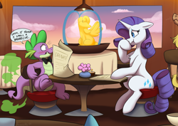 Size: 2500x1771 | Tagged: safe, artist:thedoggygal, derpibooru import, rarity, spike, dragon, unicorn, awkward moment, bad timing, date, embarrassed, fart, fart fetish, fetish, fountain, gas, leaning, menu, raised leg, raised tail, reference, restaurant, smelly, spyro the dragon, spyro the dragon (series), tail, video game