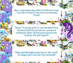 Size: 2048x1775 | Tagged: safe, derpibooru import, starlight glimmer, trixie, pony, unicorn, brooch, cape, clothes, dialogue, dialogue box, english, event, female, gameloft, hat, horn, implied lord tirek, jewelry, mare, mobile game, my little pony: magic princess, official, speech bubble, trixie's cape, trixie's hat