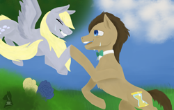 Size: 4100x2600 | Tagged: safe, artist:spectrum205, derpibooru import, derpy hooves, doctor whooves, earth pony, pegasus, pony, cloud, crying, duo, grass, grass field, happy, reunion, sky, tears of joy