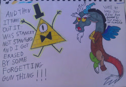 Size: 1024x710 | Tagged: safe, artist:rainbowratart, derpibooru import, discord, draconequus, the return of harmony, bill cipher, bowtie, crayon drawing, crossed arms, crossover, dialogue, drawing, duo, exclamation point, gravity falls, hat, one eyed, spoilers for another series, top hat, traditional art, triangle