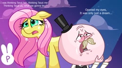 Size: 1316x735 | Tagged: safe, artist:plasticrarity, derpibooru import, fluttershy, pegasus, pony, crossover, crossover shipping, crying, female, hat, just a dream, male, mare, meta, nelly, pops maellard, regular show, shipping, song reference, text, top hat, twitter