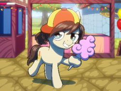 Size: 800x600 | Tagged: safe, artist:rangelost, derpibooru import, oc, oc only, oc:tattle tail, earth pony, pony, cap, cotton candy, cyoa, cyoa:d20 pony, earth pony oc, hat, looking at you, market, offscreen character, pixel art, raised hoof, raised leg, solo, stall, story included