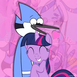 Size: 1438x1438 | Tagged: safe, artist:faze-alan-mskull2019, artist:fazealan_mskull, derpibooru import, twilight sparkle, bird, blue jay, pony, unicorn, ^^, crossover, crossover shipping, eyes closed, female, hug, male, mare, meta, mordecai, mordetwi, regular show, shipping, smiling, straight, twitter