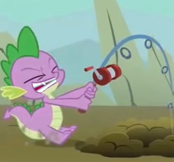 Size: 1788x1663 | Tagged: safe, derpibooru import, edit, edited screencap, screencap, spike, dragon, a dog and pony show, cropped, dragging, fishing rod, gritted teeth, smiling, solo, teeth