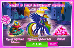 Size: 1962x1298 | Tagged: safe, derpibooru import, rainbow dash, pegasus, pony, advertisement, book, bush, corrupted, costs real money, english, female, gameloft, gem, hourglass, jewelry, key of unfettered entrance, mare, mobile game, my little pony: magic princess, nightmare rainbow dash, nightmarified, numbers, official, regalia, sale, solo, solo focus, spread wings, text, wings