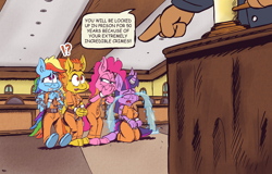 Size: 1810x1156 | Tagged: safe, artist:bimbeaver27, derpibooru import, pinkie pie, rainbow dash, spitfire, twilight sparkle, anthro, 50, bound wings, chains, clothes, commission, commissioner:rainbowdash69, courtroom, covering mouth, crying, crylight sparkle, cuffed, cuffs, exclamation point, interrobang, jumpsuit, kneeling, laughing, never doubt rainbowdash69's involvement, ocular gushers, paws, prison outfit, prisoner pp, prisoner rd, prisoner ts, question mark, sad, wings