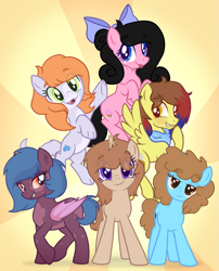 Size: 1673x2068 | Tagged: safe, artist:thatonefluffs, derpibooru import, oc, oc:caramel swirl, oc:flore, oc:ingrid, oc:moonlight, oc:peach bliss, oc:tyler, bat pony, cat, cat pony, earth pony, original species, pegasus, pony, unicorn, :3, base, base used, blushing, bow, fluffy, freckles