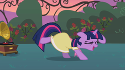 Size: 1280x720 | Tagged: safe, derpibooru import, screencap, twilight sparkle, unicorn twilight, pony, unicorn, season 2, sweet and elite, birthday dress, clothes, dancing, do the sparkle, dress, ears, eyes closed, female, floppy ears, mare, open mouth, open smile, smiling, solo