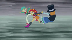 Size: 3072x1727 | Tagged: safe, derpibooru import, screencap, snails, snips, sunset shimmer, human, equestria girls, equestria girls (movie), boots, clothes, cutie mark, cutie mark on clothes, female, hat, jacket, leather, leather jacket, male, open mouth, shoes, top hat, trio