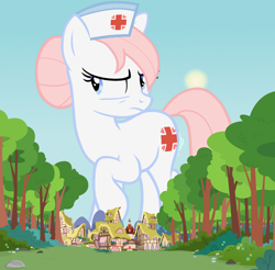 Size: 1280x1262 | Tagged: safe, artist:boneswolbach, artist:jaredking779, artist:vunlinur, derpibooru import, nurse redheart, earth pony, pony, attack on pony, female, giant pony, giant/macro earth pony, giantess, hat, macro, mare, mega giant, nurse hat, ponyville, solo