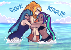 Size: 2893x2039 | Tagged: safe, artist:meliciamelano, derpibooru import, adagio dazzle, aria blaze, sonata dusk, human, equestria girls, adagio dazzle is not amused, angry, ariabetes, beach, belly, belly button, bikini, clothes, cloud, cute, dark skin, detailed background, female, hug, human coloration, light skin, ocean, one-piece swimsuit, sibling love, siblings, sisterly love, sisters, sky, slim, smiling, sonatabetes, swimsuit, text, the dazzlings, thin, trio, unamused, water