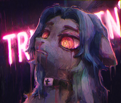 Size: 2000x1700 | Tagged: safe, artist:rvsd, derpibooru import, oc, oc only, pony, bust, creepy, neon, neon sign, rain, solo