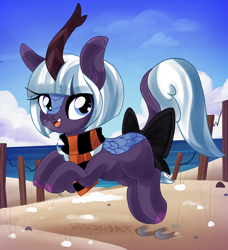 Size: 2260x2479 | Tagged: safe, artist:spookyle, derpibooru import, oc, oc only, oc:moonlit breeze, kirin, beach, bow, clothes, cloud, female, kirin oc, scarf, sky, solo, tail, tail bow, water, winter