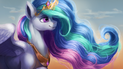 Size: 1920x1080 | Tagged: safe, artist:camyllea, derpibooru import, princess celestia, alicorn, pony, crown, female, glowing, glowing horn, horn, jewelry, lacrimal caruncle, looking to side, looking to the right, magic, mare, peytral, profile, regalia, side view, smiling, solo, spread wings, sternocleidomastoid, wings