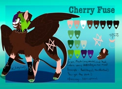 Size: 2048x1496 | Tagged: safe, artist:inisealga, derpibooru import, oc, oc only, oc:cherry fuse, pony, succubus, coat markings, colored pupils, cutie mark, devil tail, dyed mane, facial markings, female, looking at you, mare, reference sheet, smiling, smiling at you, socks (coat marking), spread wings, tail, wings