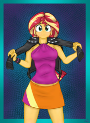 Size: 1280x1761 | Tagged: safe, artist:lennondash, derpibooru import, sunset shimmer, equestria girls, rainbow rocks, bare shoulders, blouse, clothes, jacket, leather, leather jacket, looking at you, midriff, skirt, sleeveless, solo, wristband