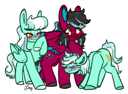 Size: 2004x1476 | Tagged: safe, artist:chyoatas, derpibooru import, lyra heartstrings, skyra, oc, oc:razzmatazz gleam, hybrid, pegasus, unicorn, blushing, canon x oc, female, flirting, simple background, transparent background