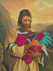 Size: 1219x1631 | Tagged: safe, artist:sinrinf, derpibooru import, edit, oc, oc:razzmatazz gleam, human, hybrid, pegasus, pony, christianity, female, holding a pony, jesus christ, male, religion