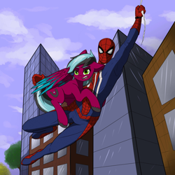 Size: 2160x2160 | Tagged: safe, artist:krotir, derpibooru import, oc, oc:razzmatazz gleam, human, hybrid, pegasus, pony, female, holding a pony, male, marvel, spider-man