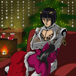 Size: 1600x1600 | Tagged: safe, artist:krotir, derpibooru import, oc, oc:kelp butt, human, original species, bruno bucciarati, candle, christmas, christmas stocking, christmas tree, cusige, fire, fireplace, futa, herm, holiday, intersex, jojo's bizarre adventure, male, sleeping, tree