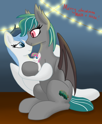 Size: 988x1200 | Tagged: safe, artist:eklipsethepony, derpibooru import, blossomforth, oc, oc only, oc:haze northfleet, oc:malachite cluster, bat pony, pegasus, pony, christmas, cuddling, cute, holiday, lights, plushie