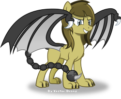 Size: 3761x3049 | Tagged: safe, artist:vector-brony, derpibooru import, oc, oc:brass, hybrid, pony, fallout equestria, fallout equestria: project horizons, bat wings, blue eyes, fanfic art, fangs, female, mare, project chimera, simple background, smiling, tail, transparent background, vector, wings