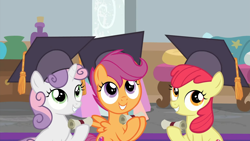 Size: 1920x1080 | Tagged: safe, derpibooru import, screencap, apple bloom, scootaloo, sweetie belle, earth pony, pegasus, pony, unicorn, marks for effort, season 8, spoiler:s08, 1080p, adorabloom, cute, cutealoo, cutie mark crusaders, cutie mark cuties, diasweetes, female, filly, foal, graduation, graduation cap, hat, the cmc's cutie marks, trio, trio female