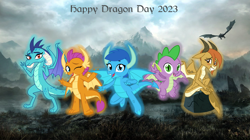 Size: 5359x3009 | Tagged: safe, artist:ponygamer2020, derpibooru import, ocellus, princess ember, smolder, spike, oc, oc:frosty, oc:frosty the dragon, dragon, disguise, disguised changeling, dragon day, dragon oc, dragon ocellus, dragoness, female, flying, glowing, group, horn, looking at you, male, mountain, non-pony oc, peace sign, rock, sitting, sky, skyrim, smiling, smiling at you, snow, spike day, tail, teenaged dragon, the elder scrolls, vector, wallpaper, waving at you, winged spike, wings