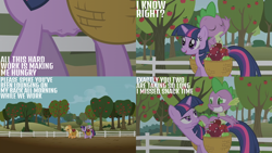 Size: 2000x1125 | Tagged: safe, derpibooru import, edit, edited screencap, editor:quoterific, screencap, applejack, spike, twilight sparkle, unicorn twilight, dragon, earth pony, pony, unicorn, the ticket master, apple, apple basket, apple tree, applejack's hat, basket, clothes, cowboy hat, female, fence, food, hat, male, mare, stomach growl, stomach noise, tree