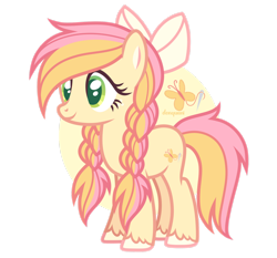 Size: 1600x1492 | Tagged: safe, artist:donquani, derpibooru import, oc, oc only, earth pony, bow, braid, braided pigtails, earth pony oc, female, hair bow, mare, offspring, parent:big macintosh, parent:fluttershy, parents:fluttermac, pigtails, simple background, smiling, solo, transparent background, unshorn fetlocks